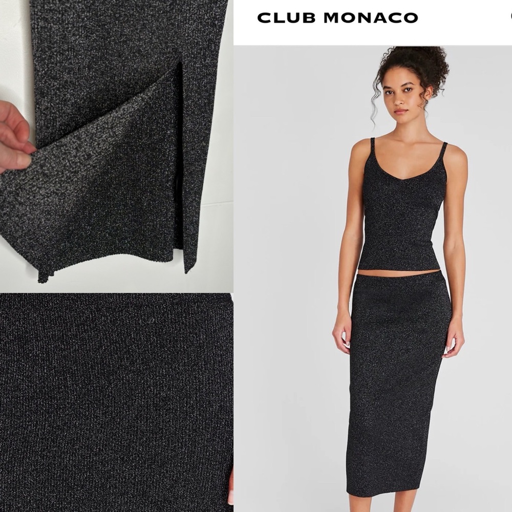 Club Monaco Black charcoal metallic ribbed knit skirt with front slit size small